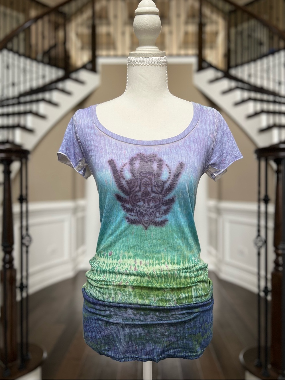 NWT Vintage Free People Women Ombré Purple Blue Green Short Sleeve Top Graphic M
